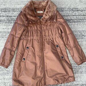 Elegant Long Jacket with Real Fox Fur Collar & Bow Detail